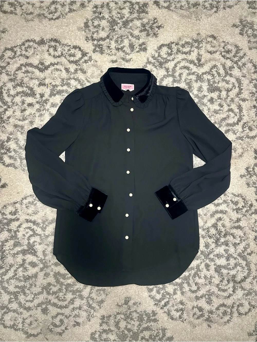 kate spade Black Velvet-Collar Pearl-Button Blouse